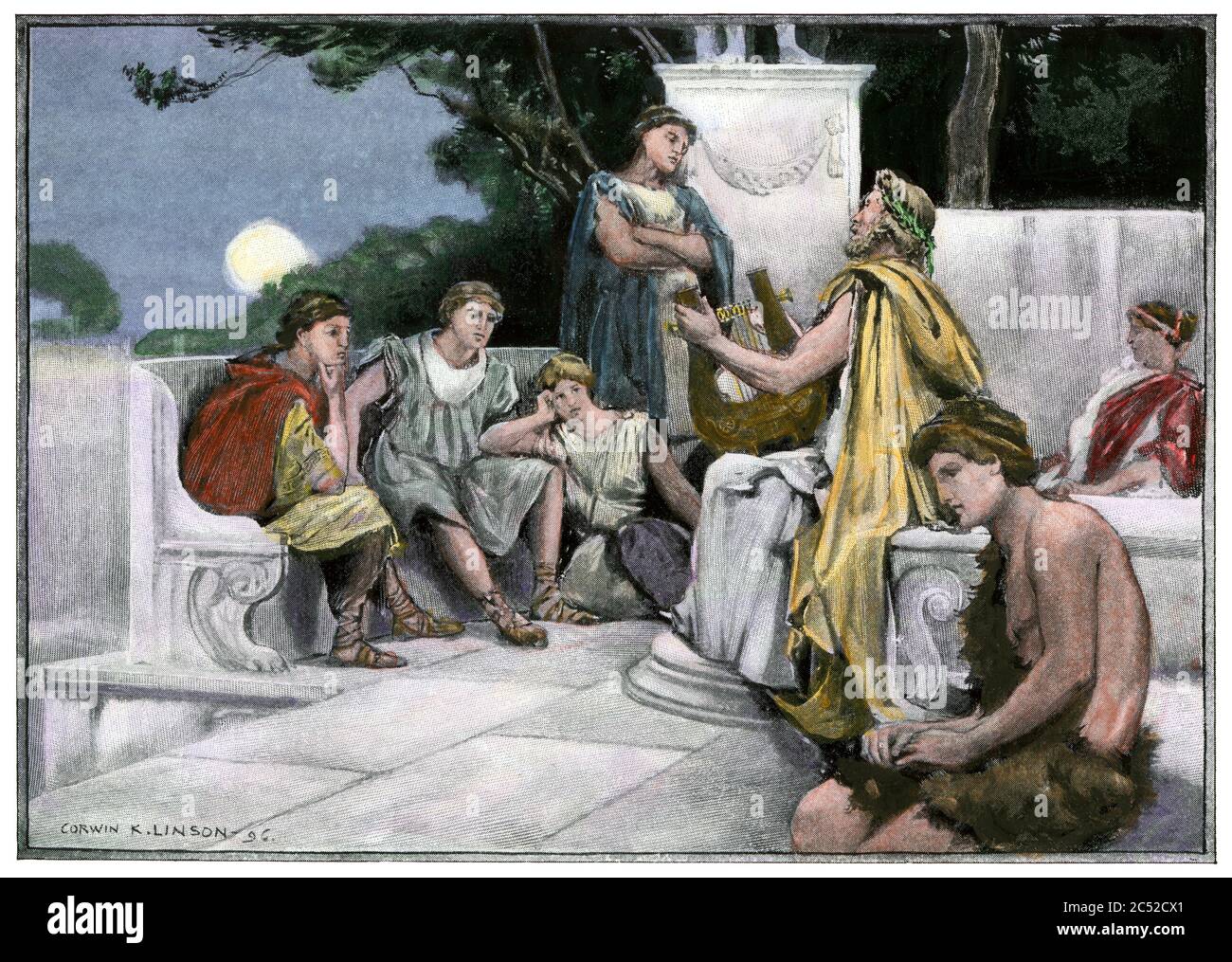 Les Grecs anciens écoutent le poète Pindar et sa lyre. Demi-teinte de couleur main d'une illustration Banque D'Images