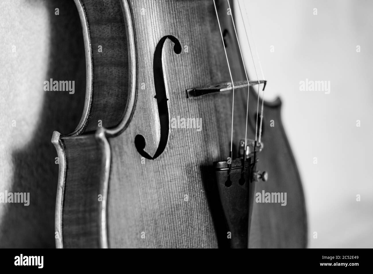 Gros plan vertical du trou de violon, des tuners fins, des cordes et du pont en noir et blanc. Banque D'Images