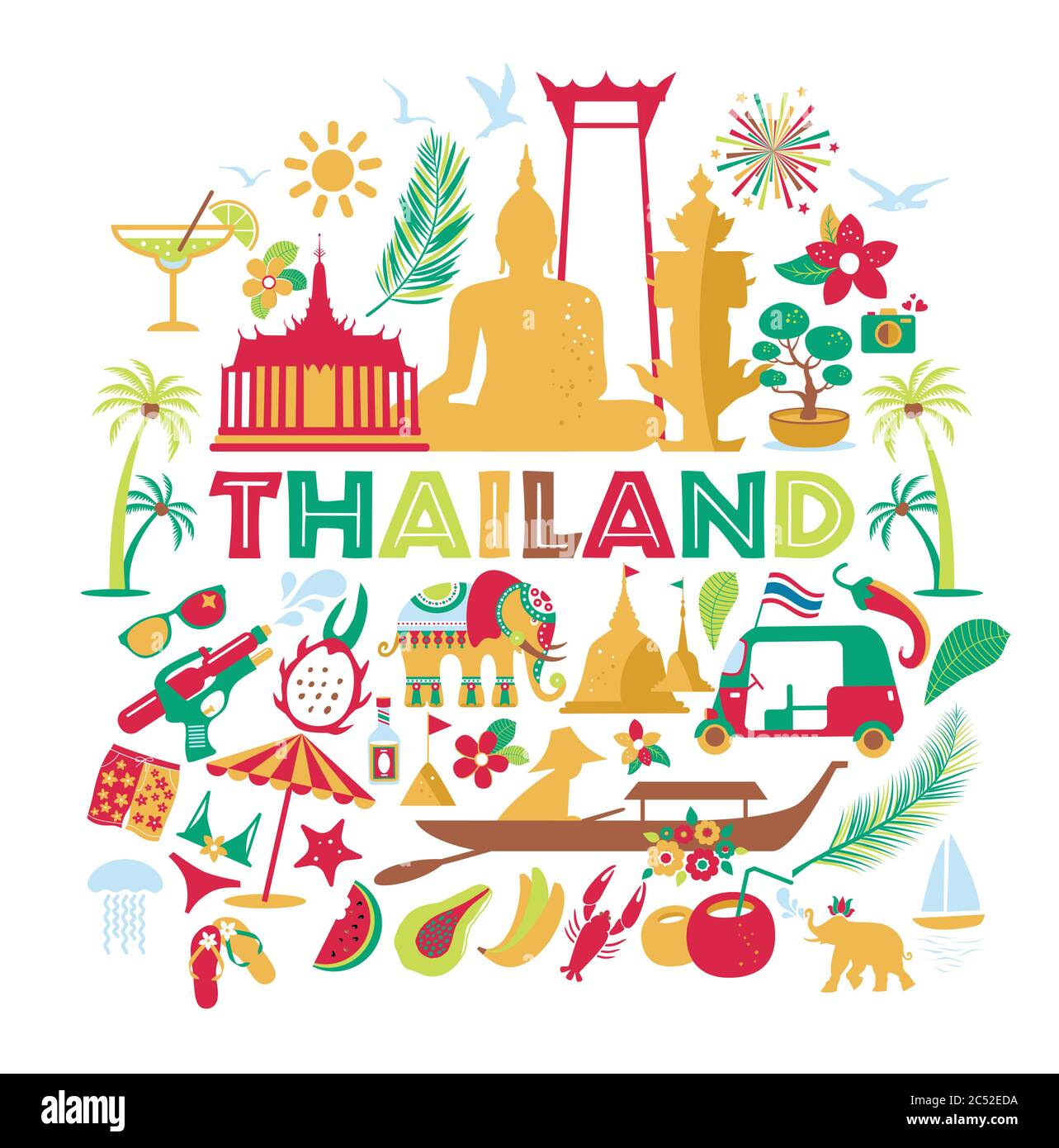 Ensemble d'icônes de la culture asiatique - Bangkok Thaïlande Vector Illustration sur fond blanc. TOU Illustration de Vecteur