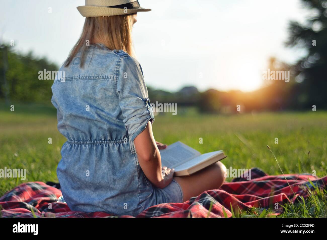 Femme avec chapeau lecture livre dans la nature le jour de coucher de  soleil d'été dans le parc. Fille assise sur une couverture à carreaux dans  un pré et soleil en arrière-plan