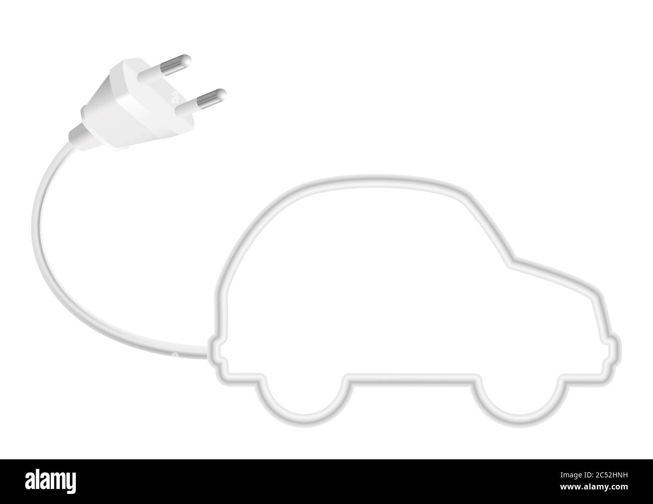 Symbole voiture électrique avec fiche et câble formant la silhouette d'une petite voiture mignonne, symbolique pour l'énergie alternative écologique, environnement moderne. Banque D'Images