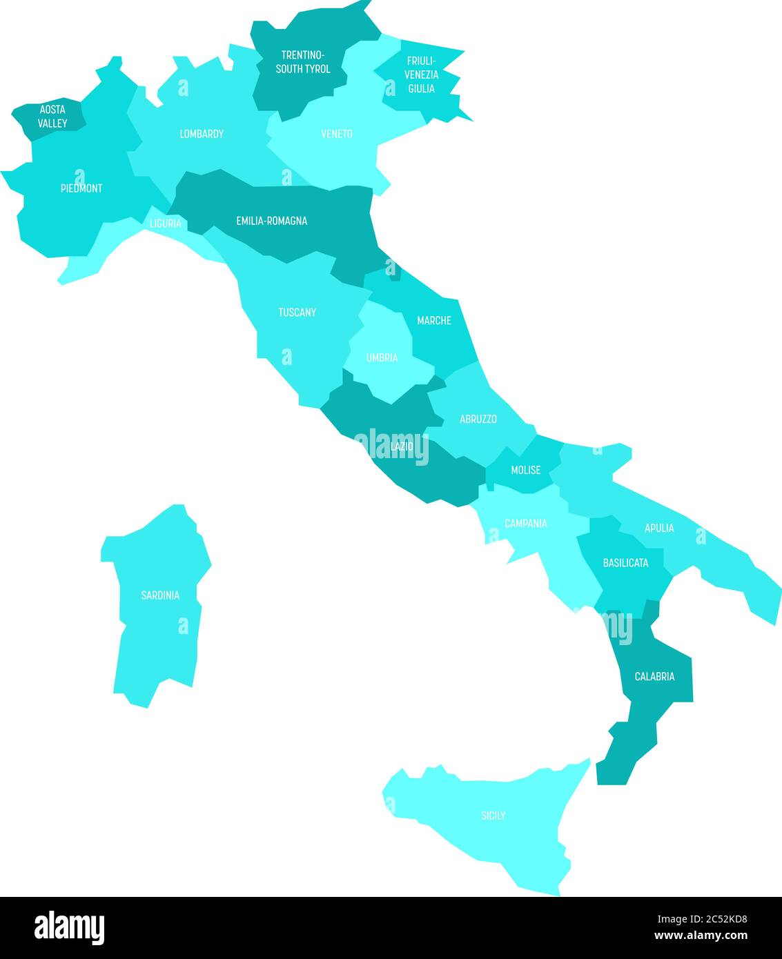 Carte de l'Italie divisée en 20 régions administratives dans quatre nuances de bleu azur. Étiquettes blanches. Illustration simple à vecteur plat. Illustration de Vecteur