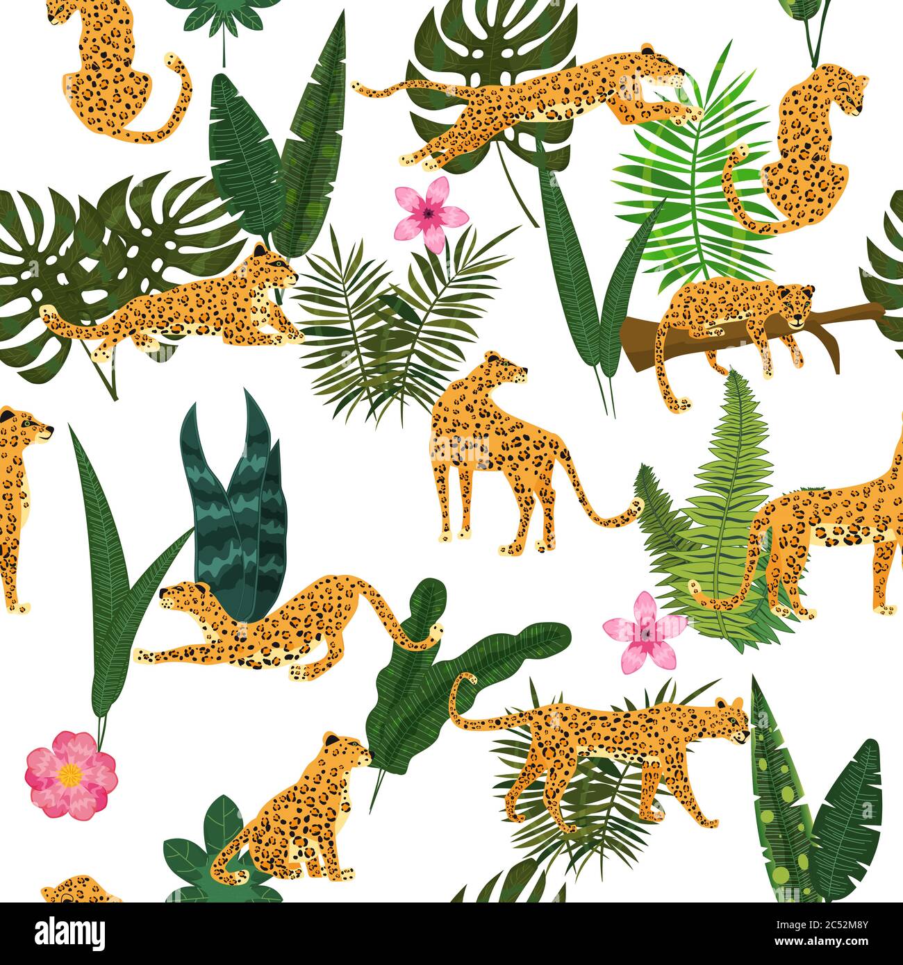 Les léopards dans différentes poses avec des plantes tropicales laisse des fleurs sans couture modèle. Style tendance Vector isolé Illustration de Vecteur