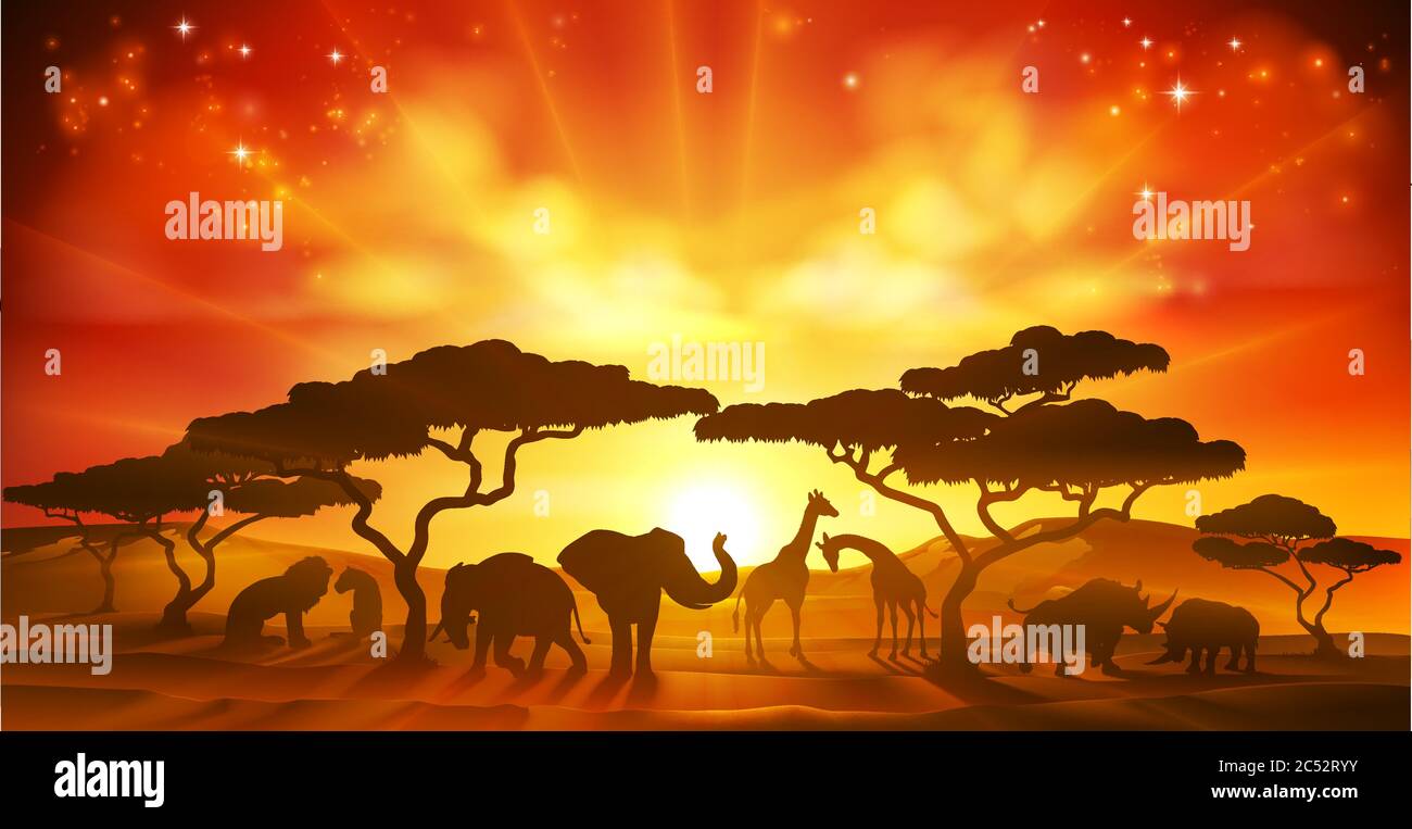 Scène de paysage de silhouettes d'animaux de safari africain Illustration de Vecteur