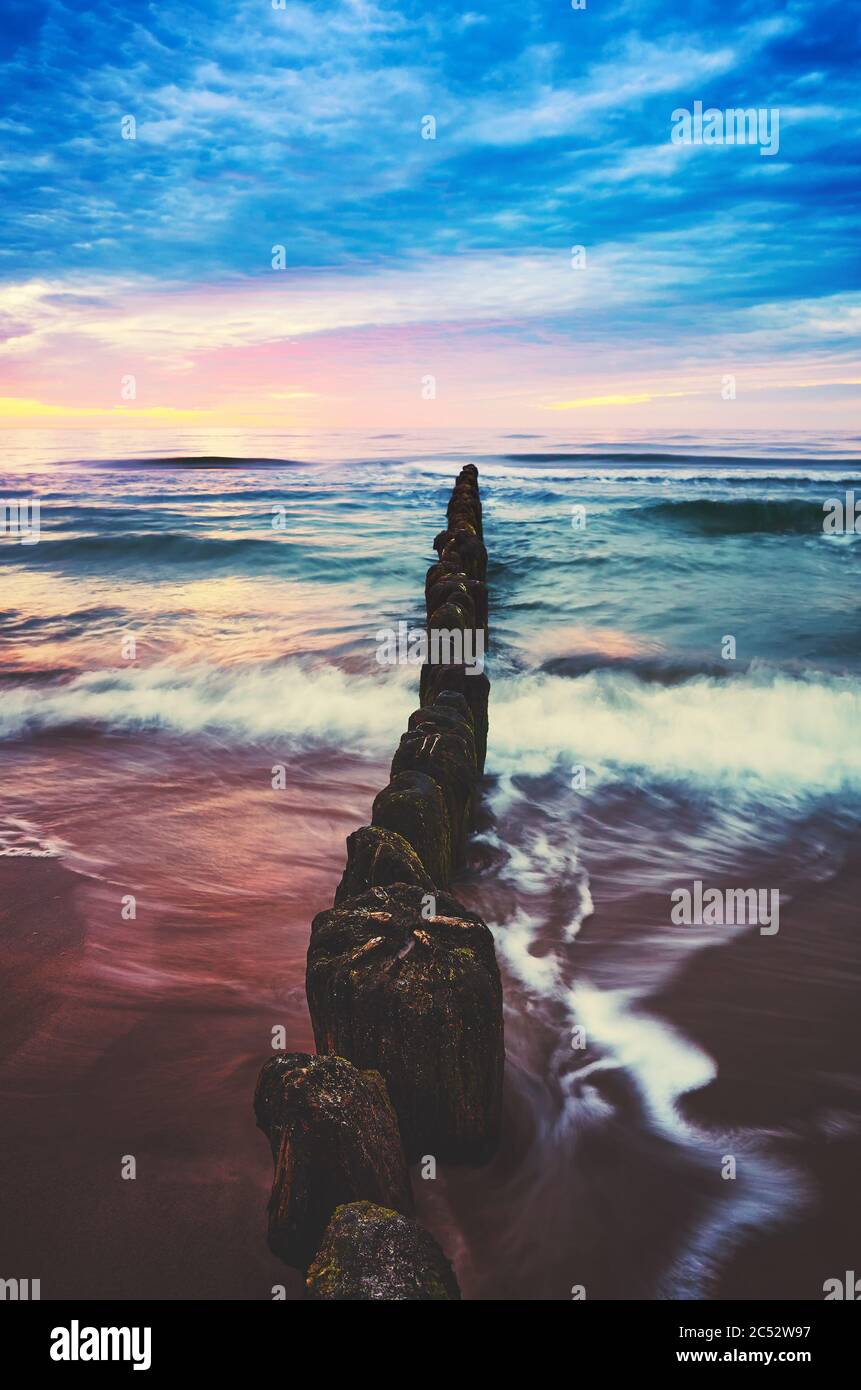 Vieux brise-lames en bois au coucher du soleil violet, image colorée. Banque D'Images