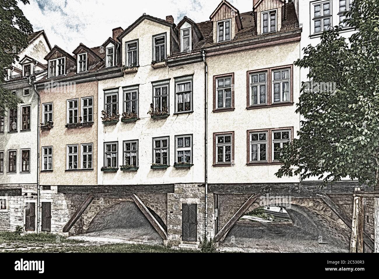 Vue du sud sur les maisons à colombages du Kraemerbruecke (pont des marchands), Erfurt, capitale de la Thuringe, Allemagne, Europe Banque D'Images
