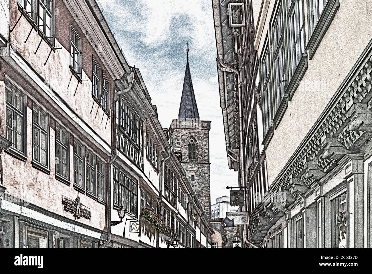 Vue sur le Kraemerbruecke (pont des marchands) jusqu'à la tour de l'Aegidienkirche, Erfurt, capitale de la Thuringe, Allemagne, Europe Banque D'Images