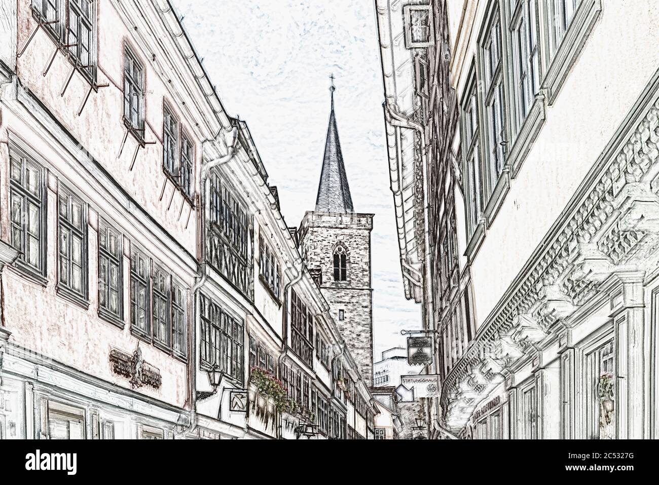 Vue sur le Kraemerbruecke (pont des marchands) jusqu'à la tour de l'Aegidienkirche, Erfurt, capitale de la Thuringe, Allemagne, Europe Banque D'Images