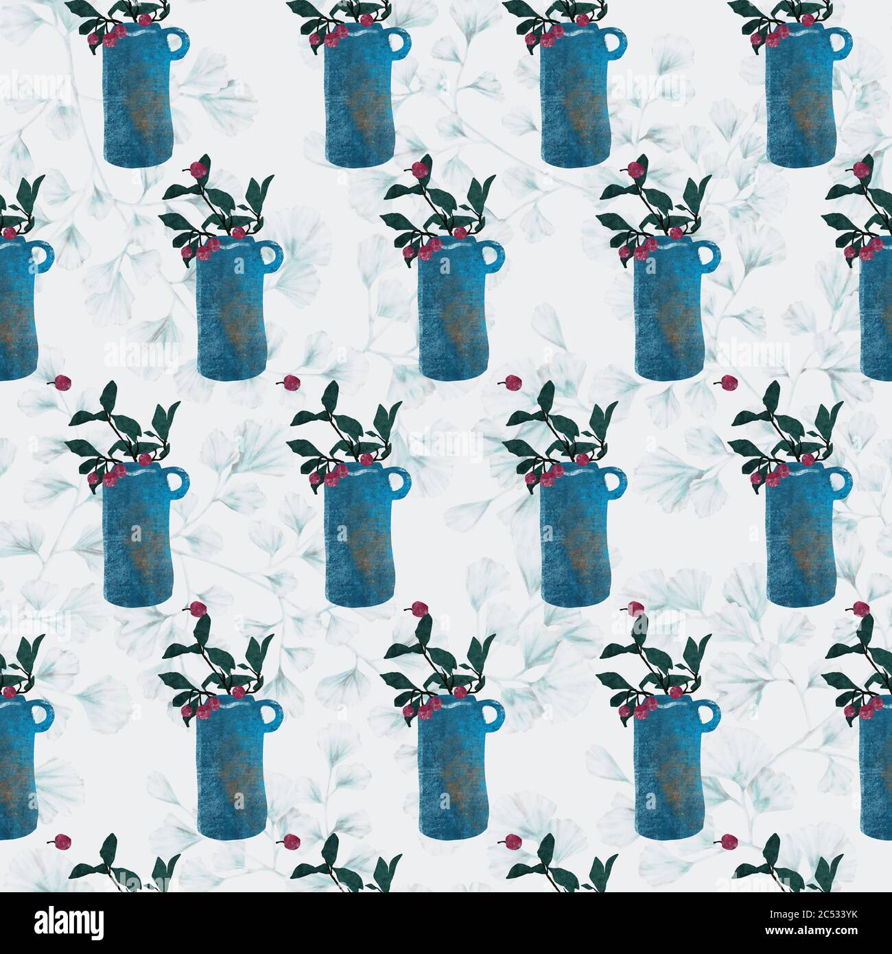 vase bleu motif de répétition sans couture. fond de motif feuilles, petite cerise, cuisine, décoration d'intérieur motif imprimé, plantes et vase dessinant à la main, texturé Banque D'Images