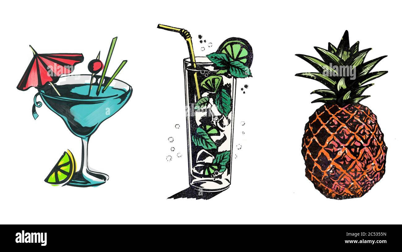 cocktails noir et blanc à écran argenté et style timbre ananas dessin à la main, ressource graphique, boisson, fruit, exotique, tropica Banque D'Images