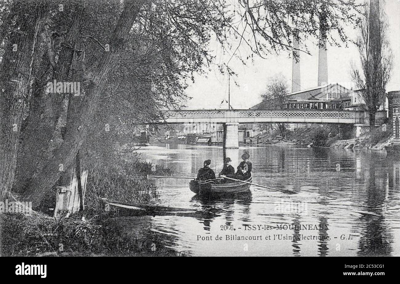 Issy-les-Moulineaux, Pont de Billancourt et l'usine électrique, carte postale diffusée en 1908. Banque D'Images