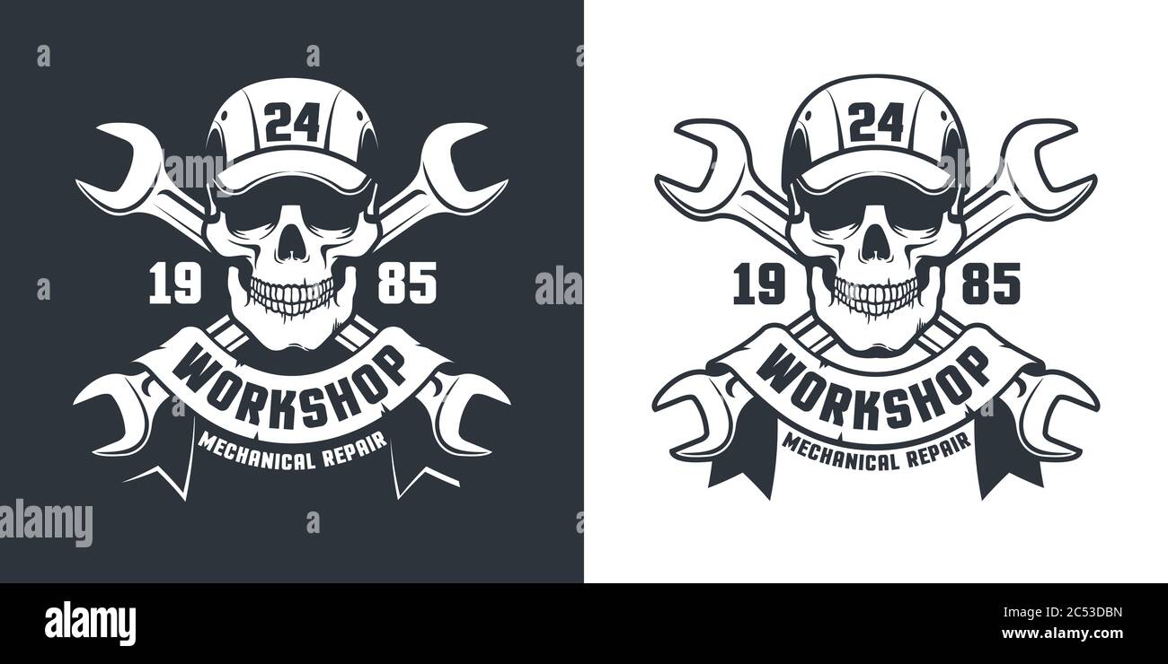 Crâne et clé réglable - réparer le logo vintage du service de voiture Illustration de Vecteur