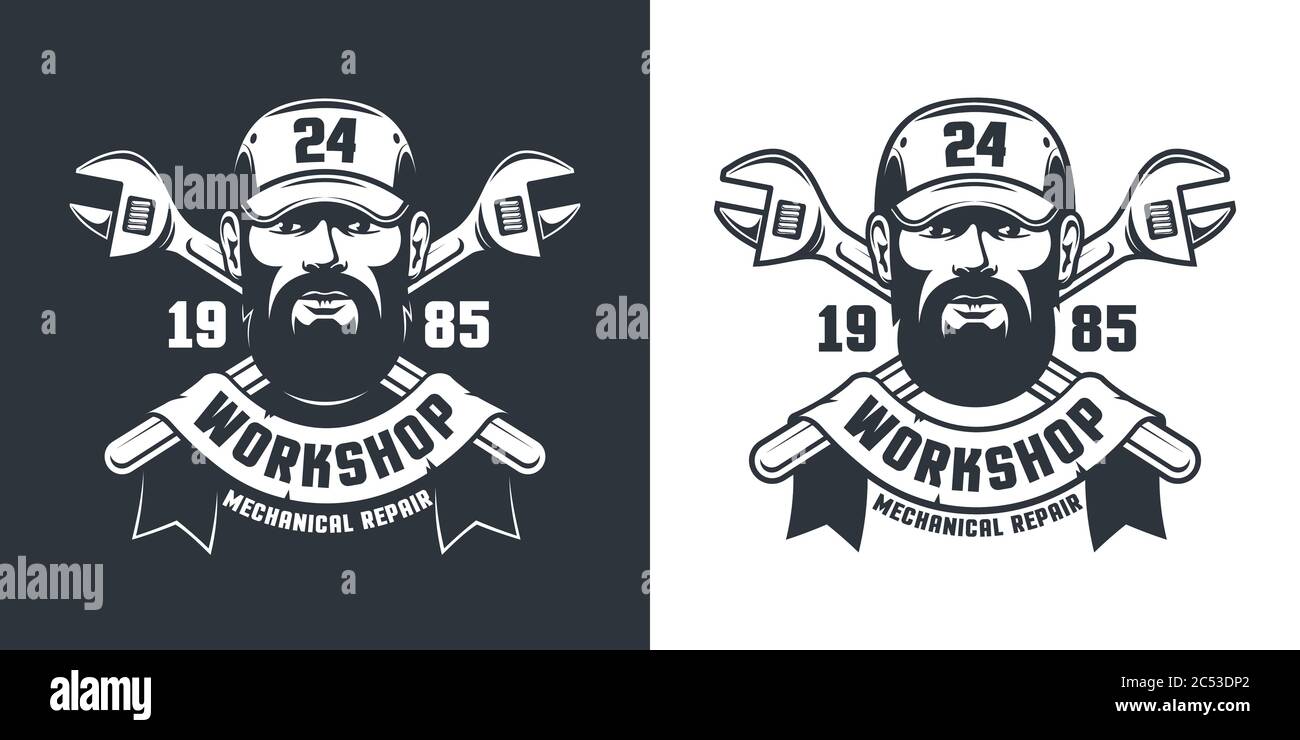 Emblème d'époque de mécanicien de réparateur - clé à main et clé réglable Illustration de Vecteur