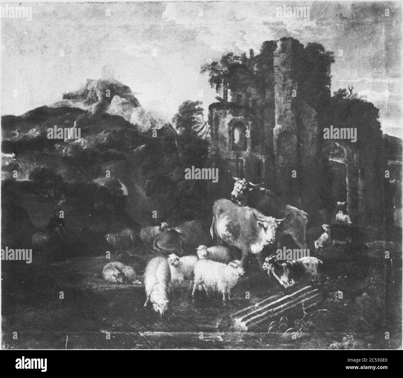 Paysage montagneux Italianate avec animaux près d'une ruine par Michiel carrée. Banque D'Images