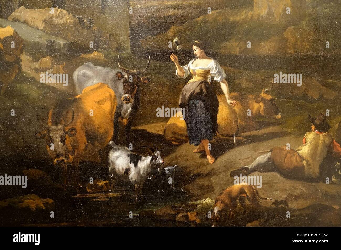 Paysage italien avec animaux, un berger, et une paysanne tenant une Distaff, atelier de Nicolaes Pietersz Berchem, non daté, huile sur toile, détail Banque D'Images
