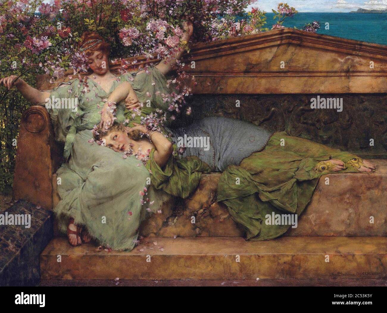 Dans un jardin de roses, par Lawrence Alma Tadema. Banque D'Images