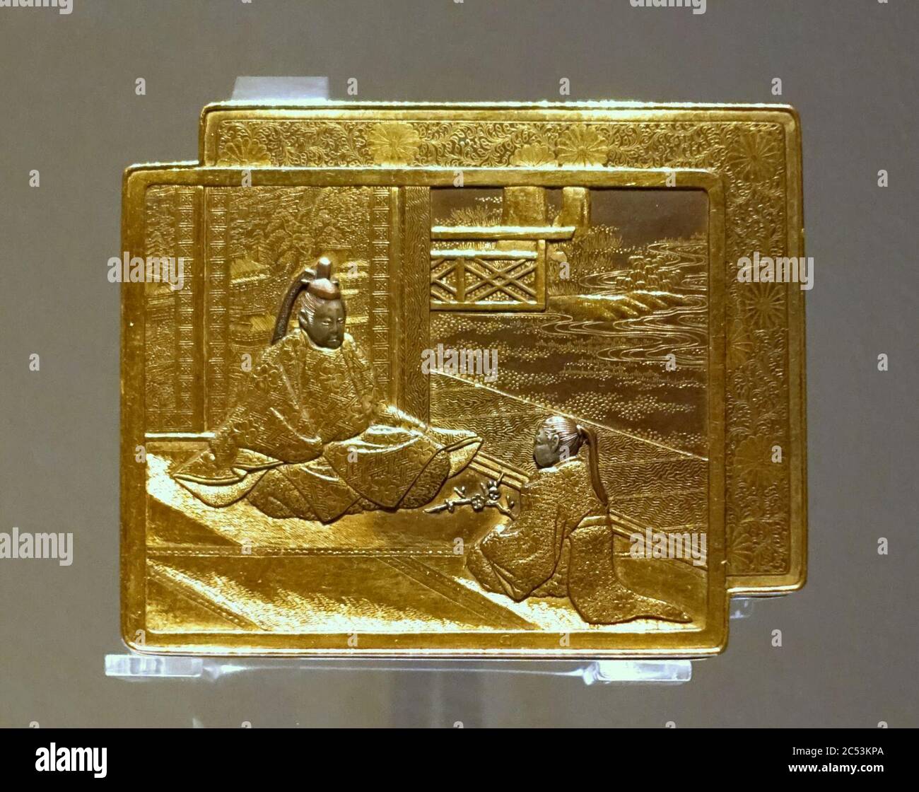 Boîte de cérémonie d'encens (kobako), Ishikawa Komei, Kyoto, Japon, fin du XIXe au début du XXe siècle, alliage de cuivre, incrustation d'or Banque D'Images