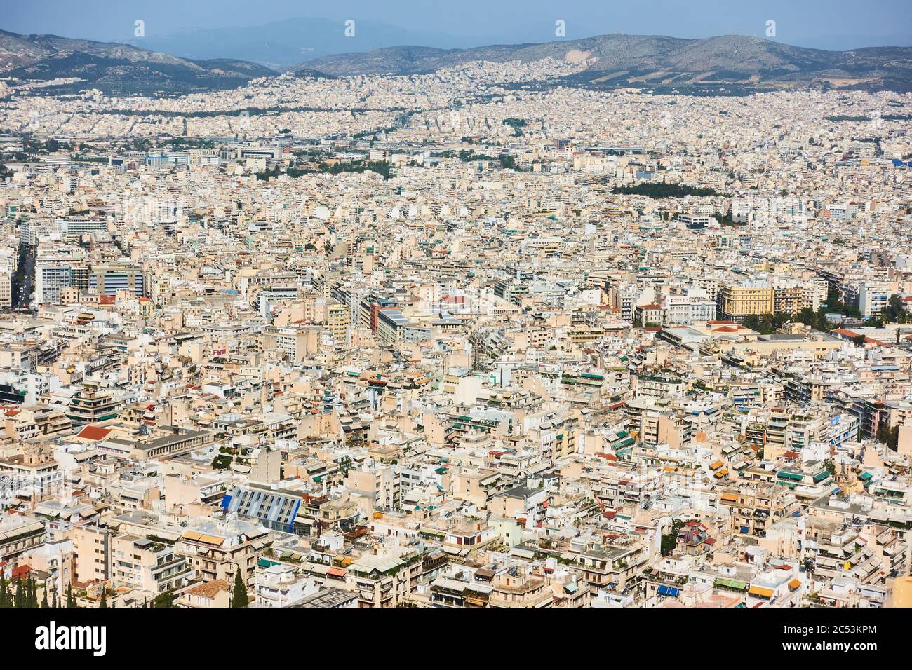 Athènes - vue panoramique des maisons résidentielles dans la partie centrale de la ville d'en haut, Grèce Banque D'Images