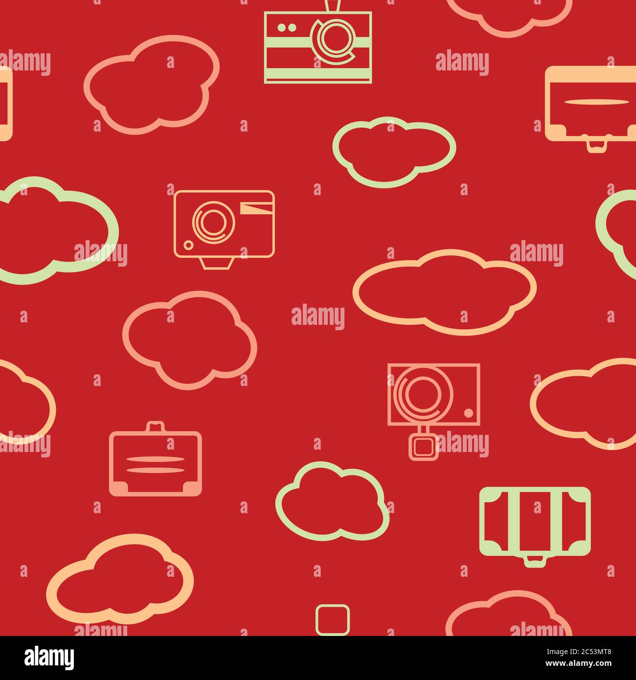 Red Vector voyagez dans le monde Illustration sans couture avec appareil photo, valises. Motif de répétition coloré Illustration de Vecteur