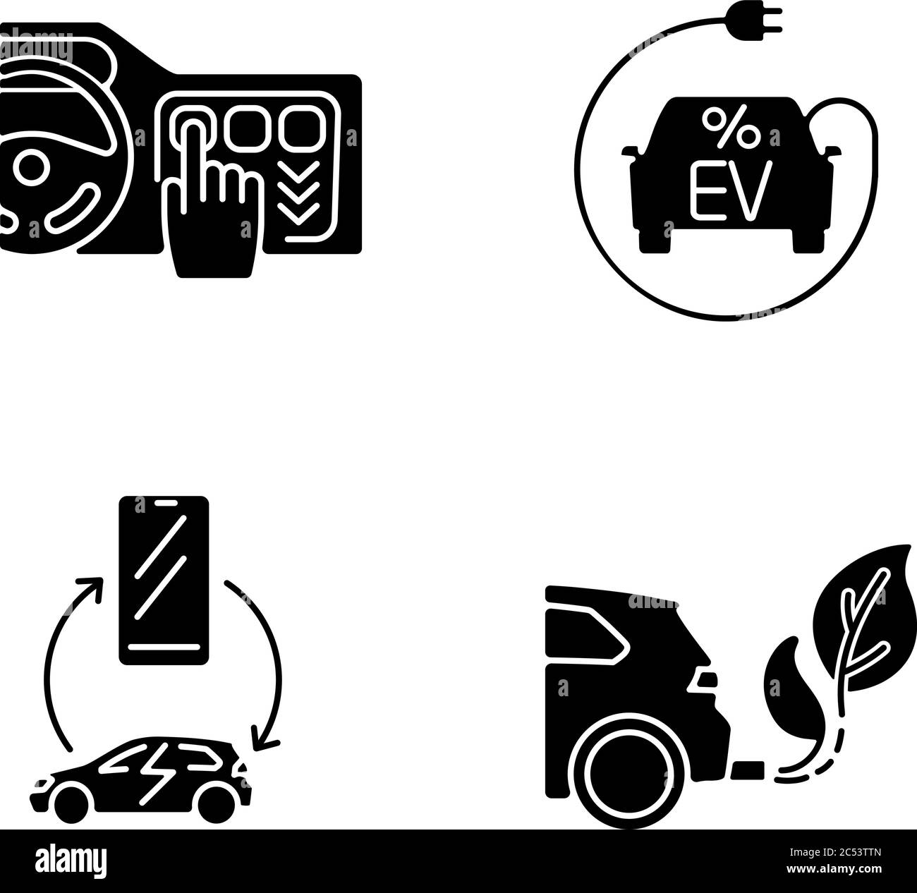 Voiture électrique avantages glyphe noir icônes sur l'espace blanc Illustration de Vecteur