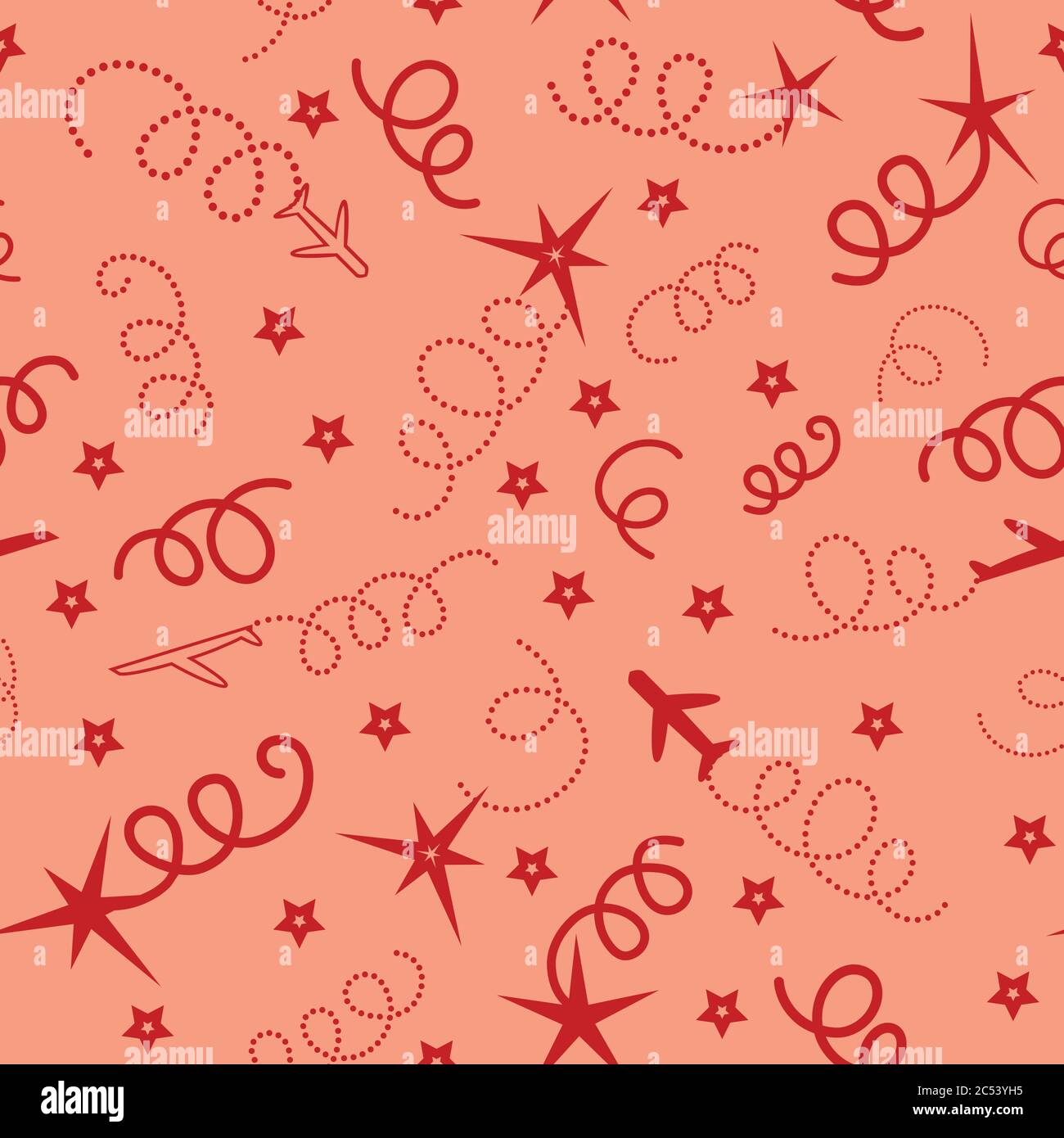 Cherry Red Vector voyagez dans le monde Illustration sans couture avec des avions, des étoiles. Motif de répétition coloré Illustration de Vecteur
