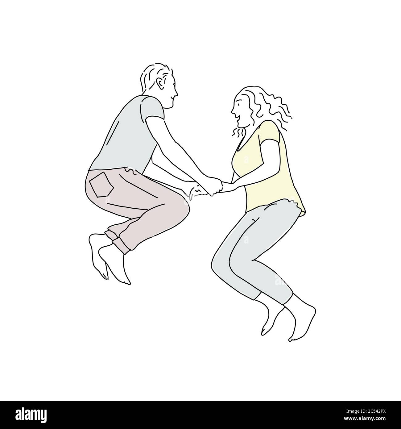 Main tirée du couple de saut. Homme et femme. Illustration vectorielle. Illustration de Vecteur