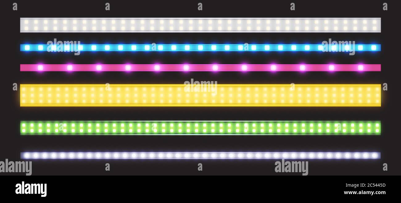 Barrettes de LED avec effet de lueur néon isolées sur fond transparent. Ensemble vectoriel réaliste de bandes lumineuses colorées, ruban lumineux avec lampes et bulbes de diodes roses, vertes, bleues, jaunes et blanches Illustration de Vecteur