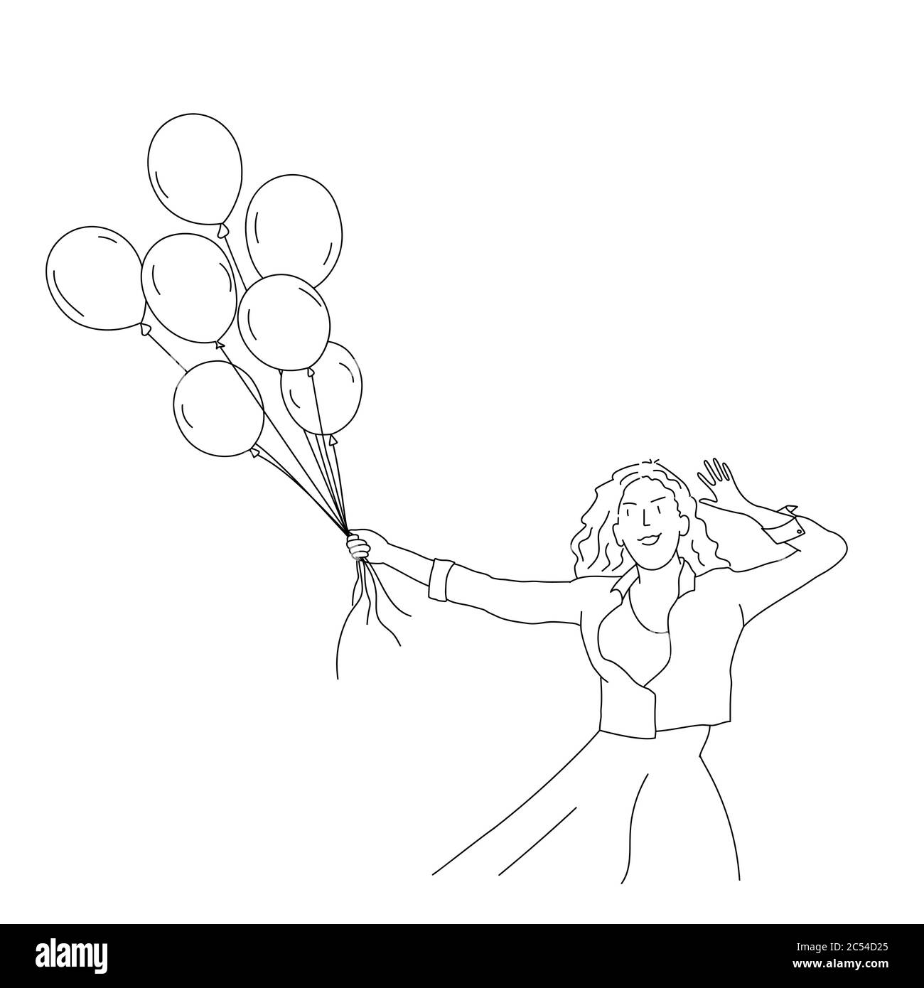 Dessin de ligne de fille avec des ballons. Illustration vectorielle. Illustration de Vecteur