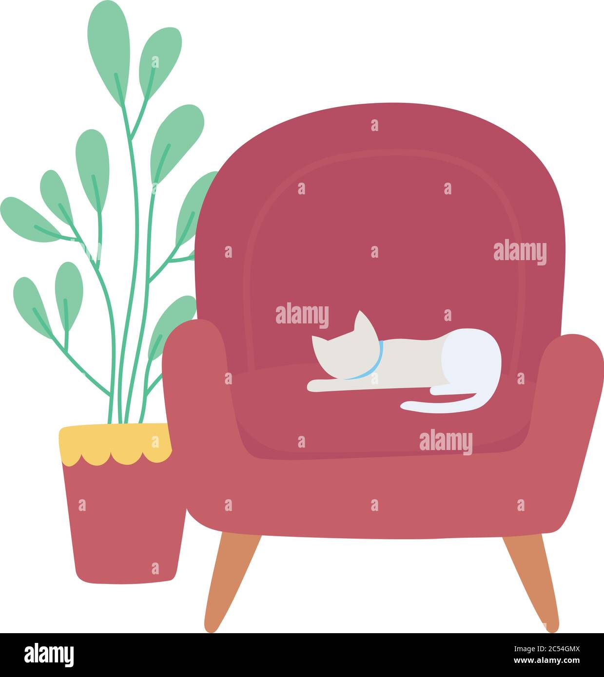 chat endormi dans la chaise et la plante en pot isolé icône blanc fond illustration vectorielle Illustration de Vecteur