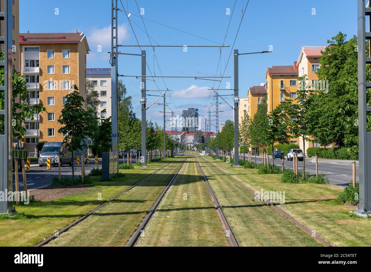 La ville de Tampere construit un réseau de tramways pour améliorer ses transports en commun. Les constructions ont causé le chaos dans la circulation mais aide à long terme. Banque D'Images