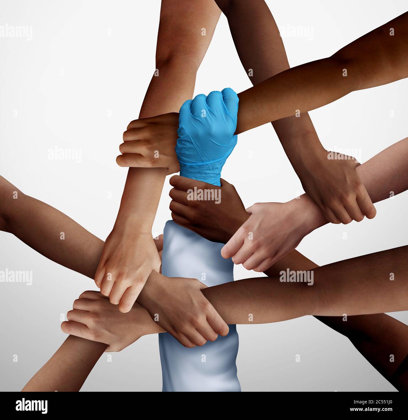 Partenariat d'aide médicale et soutien communautaire essentiel des travailleurs dans une société diversifiée comme médecin ou infirmière tenant les patients dans une illustration 3D. Banque D'Images