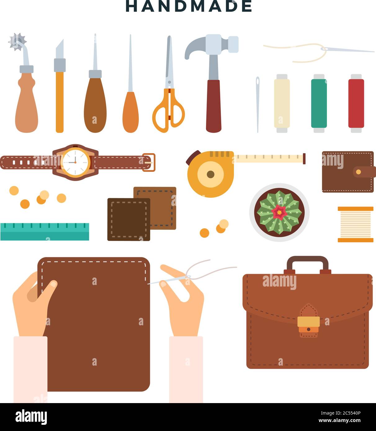 Création de produits en cuir, faits à la main. Outils et articles en cuir. Illustration vectorielle. Illustration de Vecteur