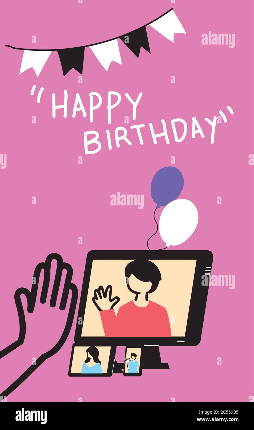 Homme Sur Ordinateur Dans Le Chat Video Et Hello Main Design Joyeux Anniversaire Et Video Theme De Chat Illustration Vectorielle Image Vectorielle Stock Alamy