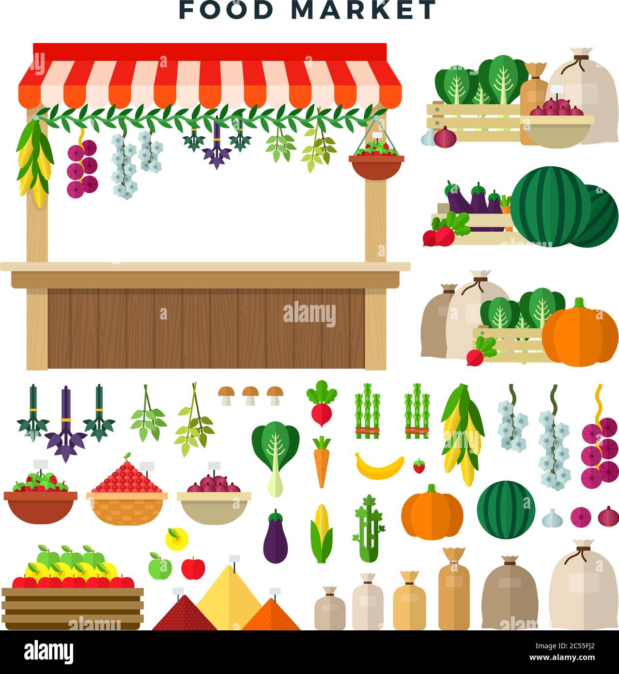 Marché alimentaire agricole, ensemble d'éléments. Marché local de décrochage. Vendre des légumes, des fruits et des baies. Produits frais biologiques. Illustration vectorielle de style plat. Illustration de Vecteur
