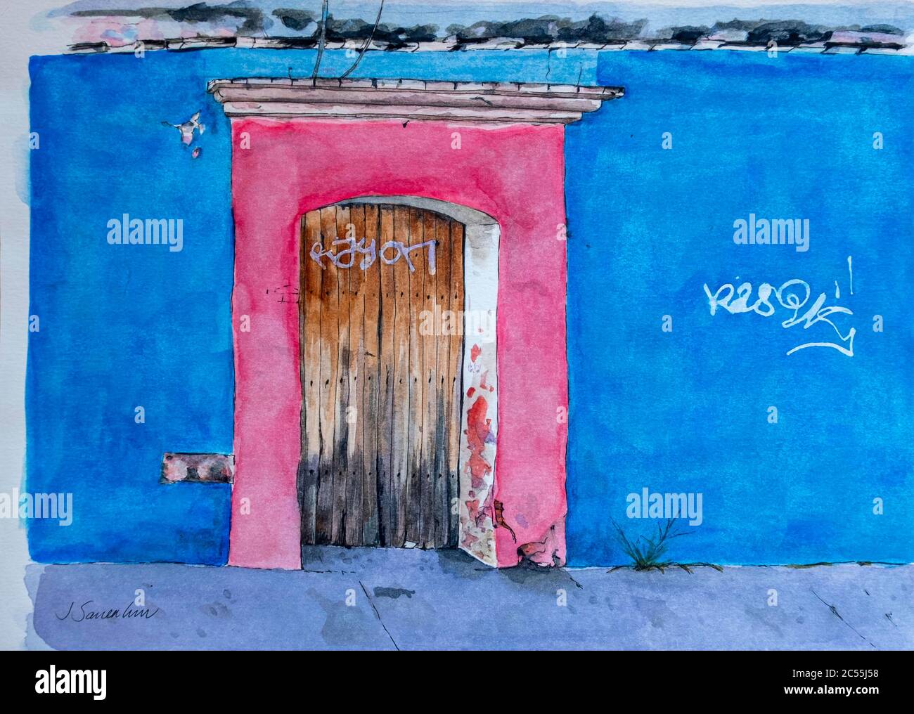 Peinture aquarelle d'une porte mexicaine dans un mur bleu vif et rose. Banque D'Images
