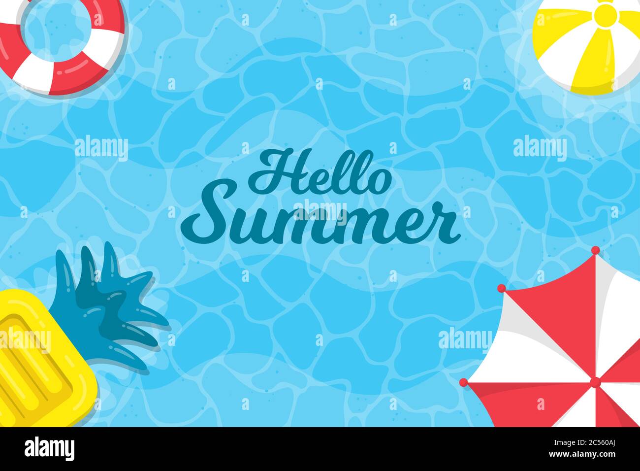 Bonjour l'été. Arrière-plan d'été sur la mer avec parasols, ballons de plage et lits flottants gonflables d'ananas. Illustration de Vecteur