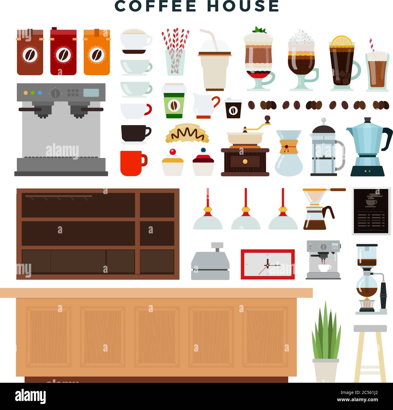 Café, ensemble d'éléments. Intérieur du café-restaurant, équipement, différents types de boissons. Illustration vectorielle. Illustration de Vecteur