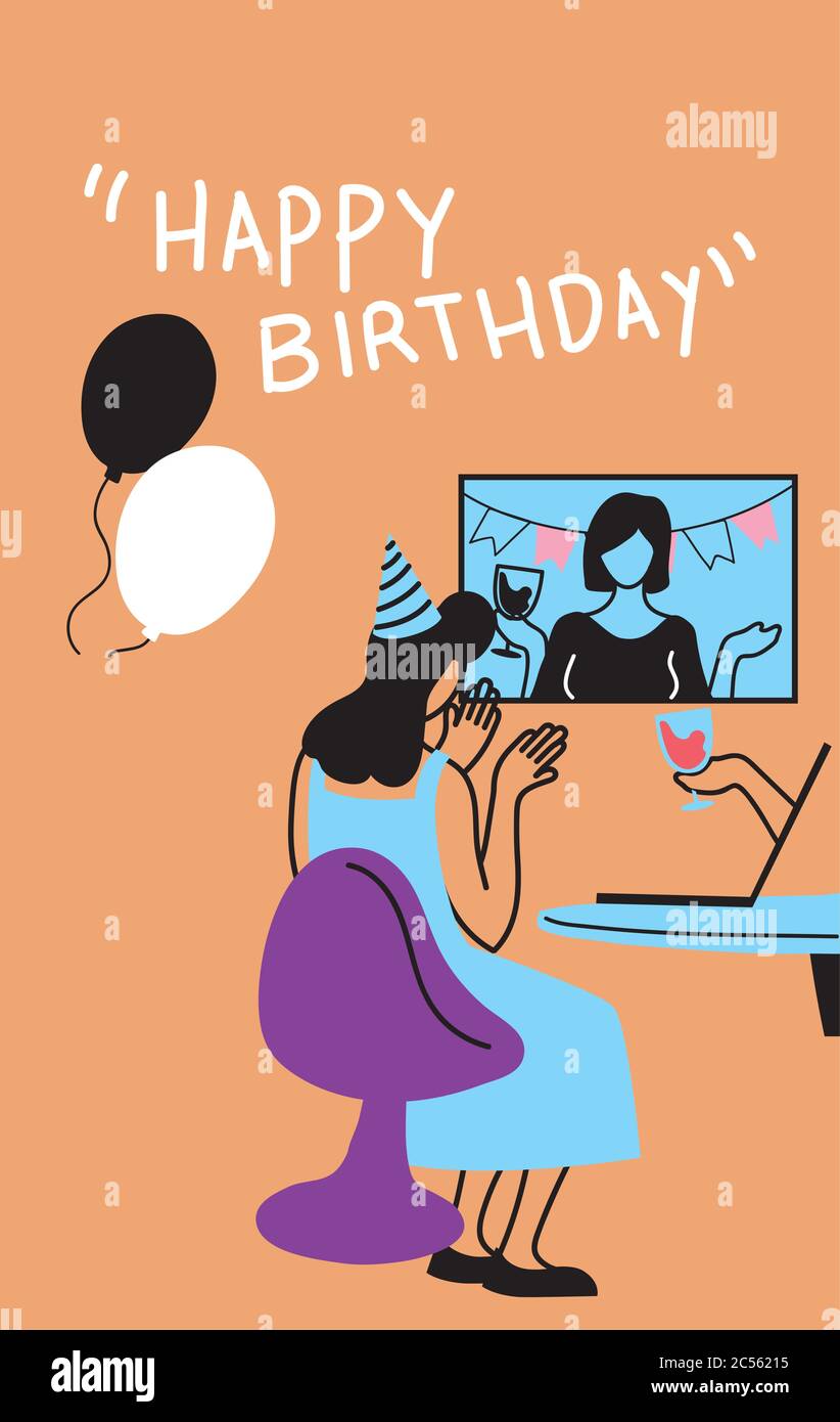 Femme Avec Chapeau De Fete Agitant La Fille Sur Le Design D Ecran Joyeux Anniversaire Et Video Chat Theme Illustration Vectorielle Image Vectorielle Stock Alamy