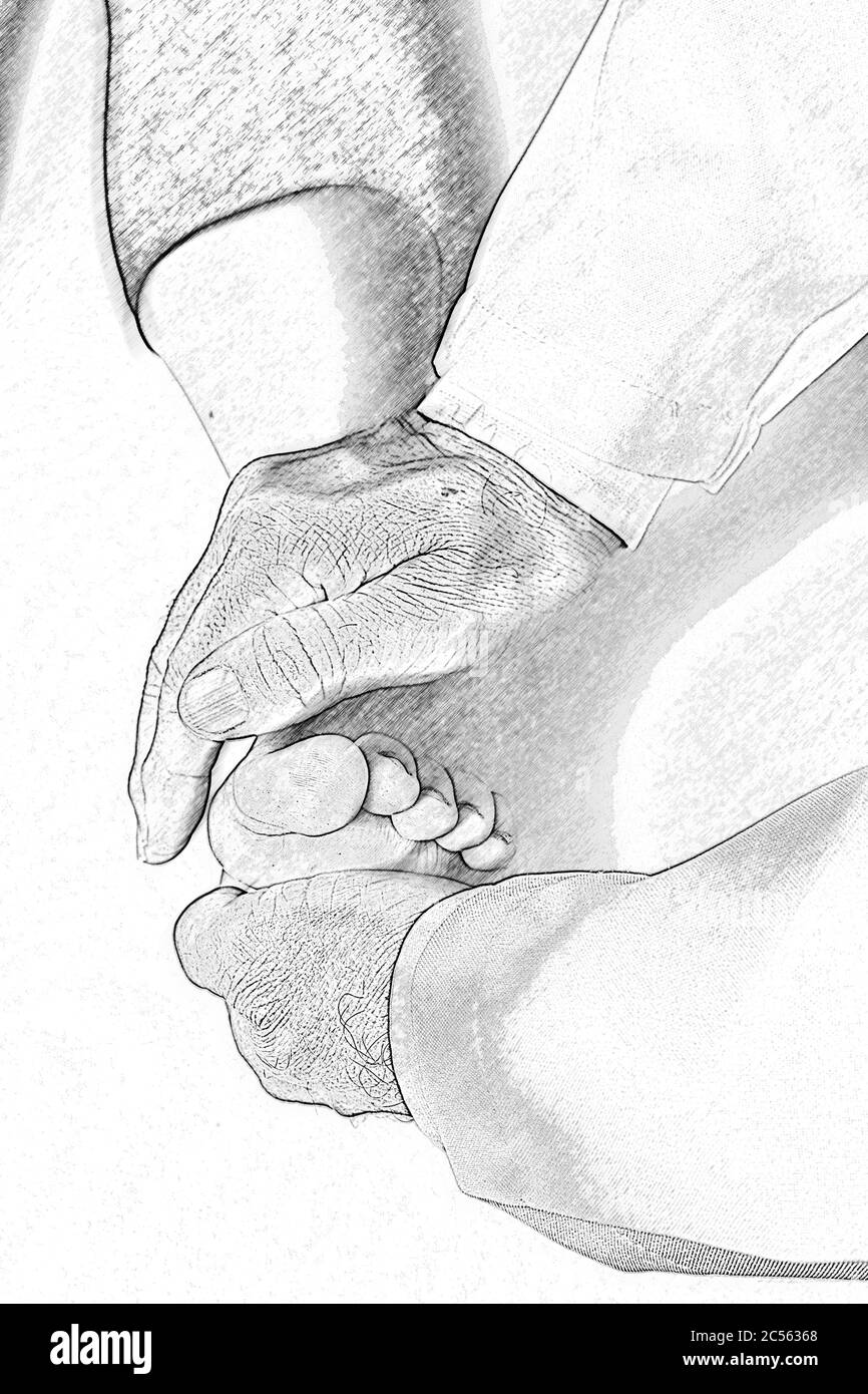 Illustration de l'application de la technique japonaise de Reiki sur les pieds d'une personne Banque D'Images