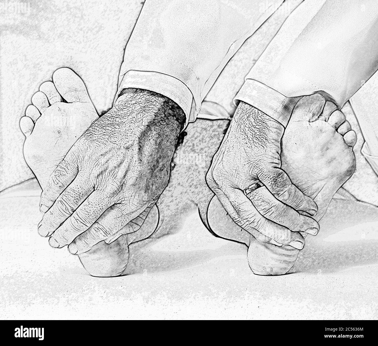 Illustration de l'application de la technique japonaise de Reiki sur les pieds d'une personne Banque D'Images