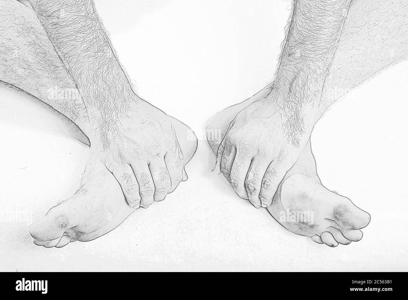 Illustration de l'application de la technique japonaise de Reiki sur les pieds d'une personne Banque D'Images