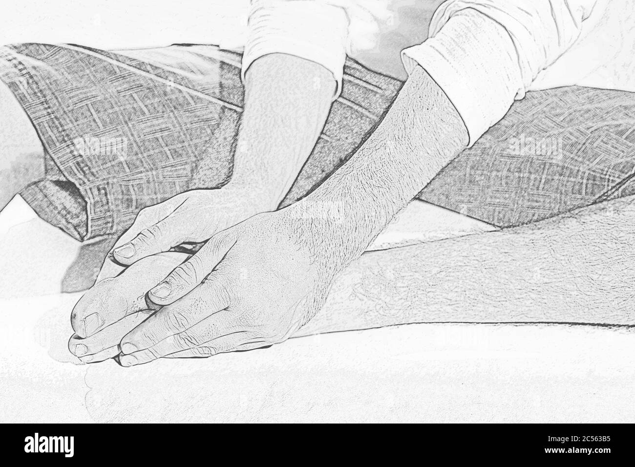 Illustration de l'auto-application de la technique japonaise de Reiki sur les pieds Banque D'Images