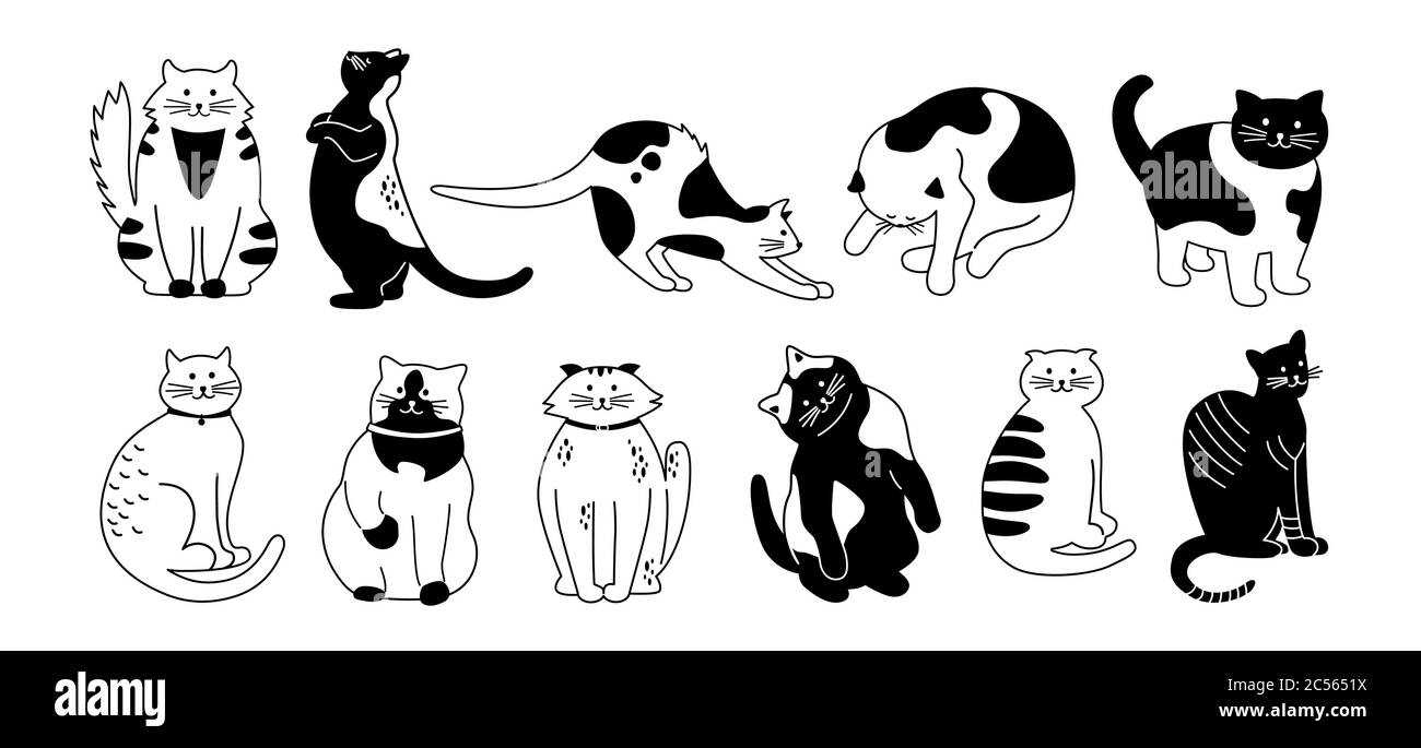 Collection de personnages Cat. Ensemble mignon motif dessins animés. Différentes races de chaton, personnages d'animal de compagnie. Chats drôles assis, dormant. Lignes de contour monochromes dessinées à la main. Illustration vectorielle isolée Illustration de Vecteur