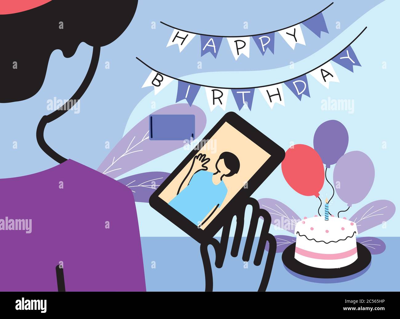 Homme Avec Chapeau De Fete Agitant Garcon Sur Smartphone Et Gateau Joyeux Anniversaire Et Chat Video Theme Illustration Vectorielle Image Vectorielle Stock Alamy