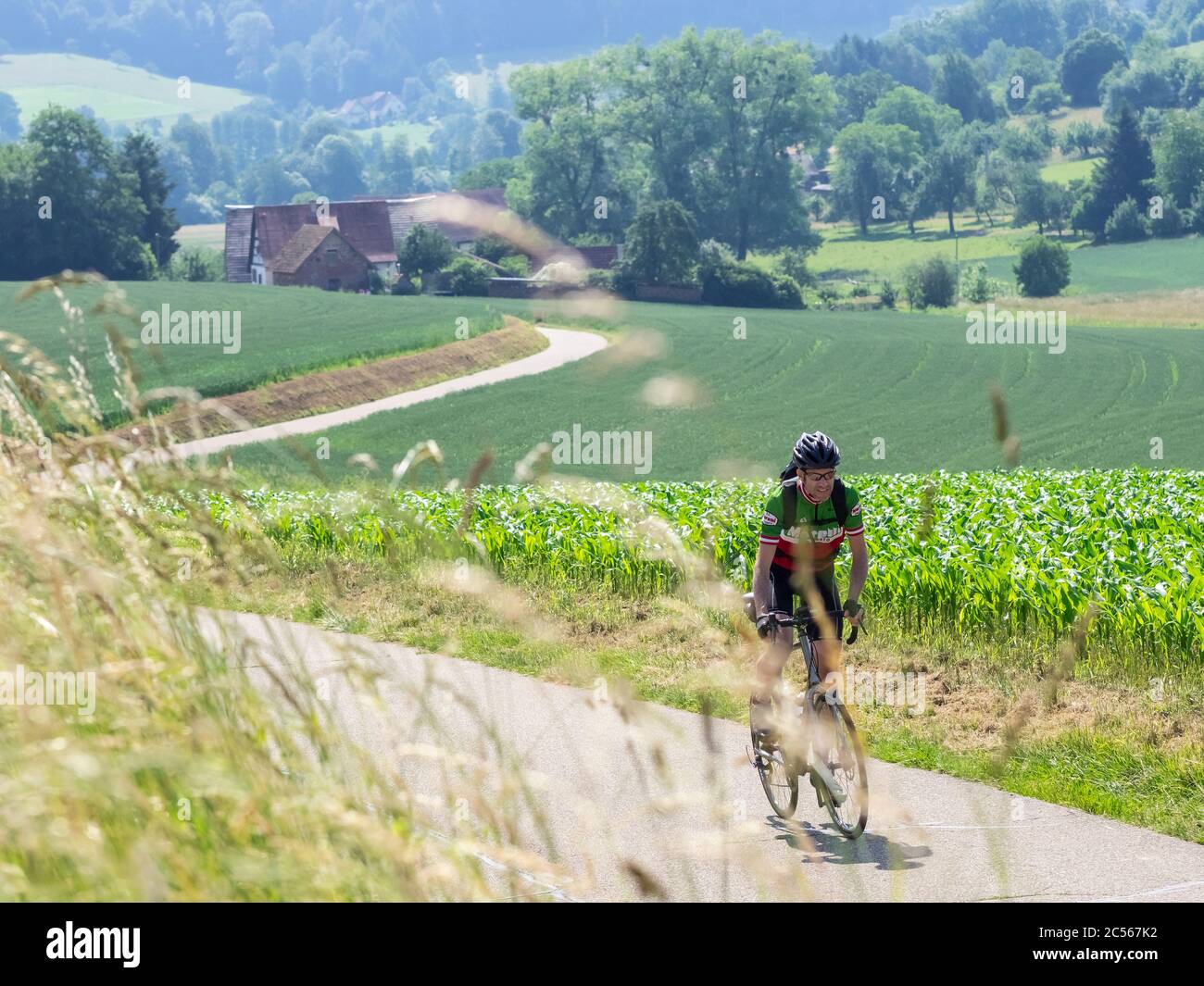 Cycliste sur une route étroite de montagne dans la Forêt Noire du Moyen, près d'Emmendingen, Sexau Baden-Württemberg Banque D'Images