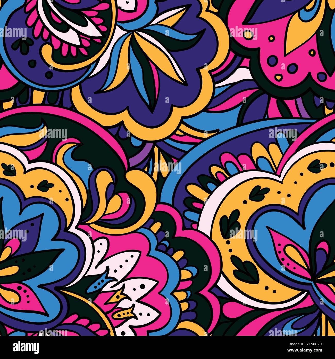 Motif coloré sans couture avec plantes et éléments floraux. Fond psychédélique lumineux. Illustration de Vecteur