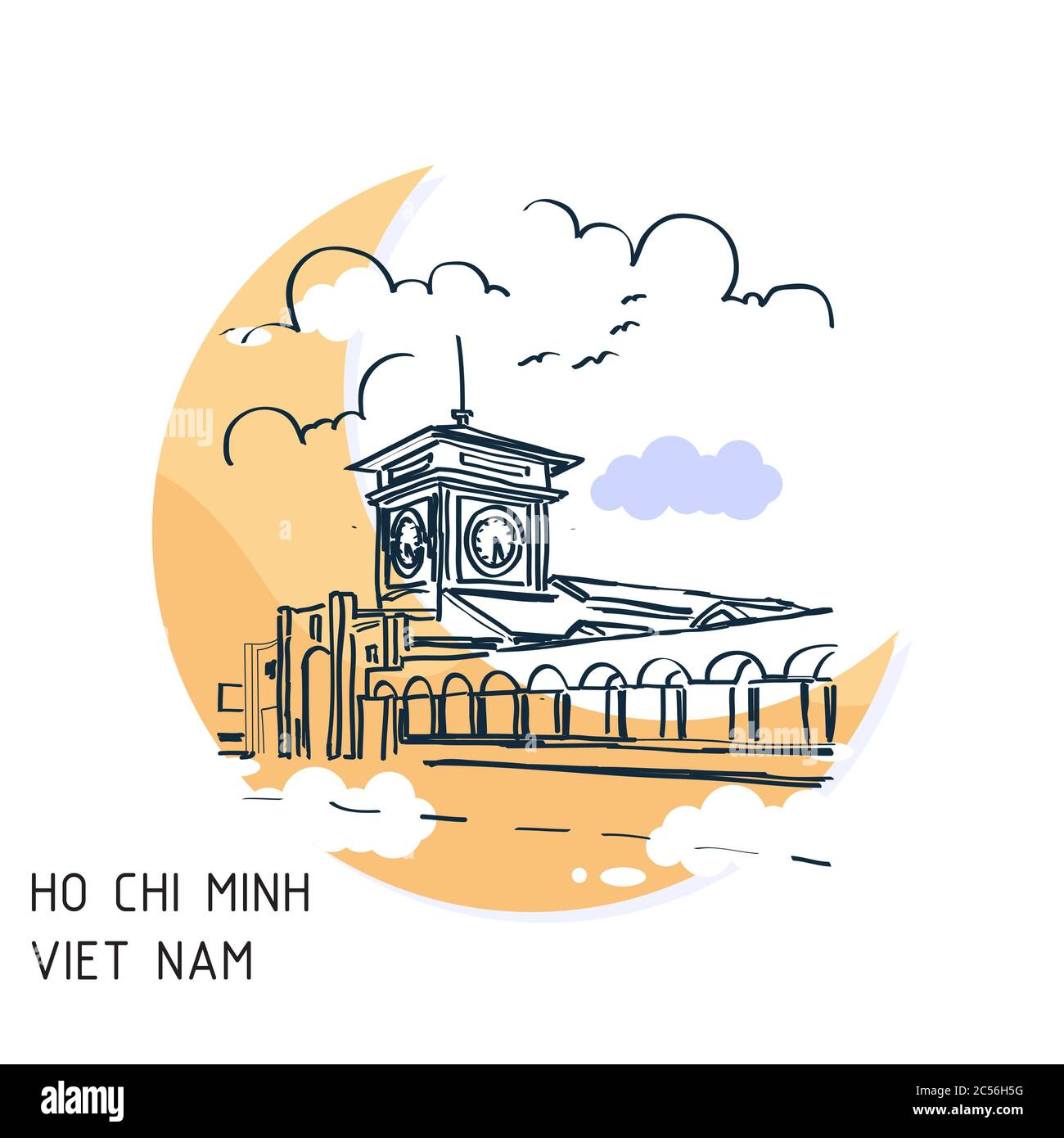 Illustration d'un bâtiment derrière un croissant de lune au Vietnam à côté des mots « Ho Chi Minh Viet Nam » Banque D'Images
