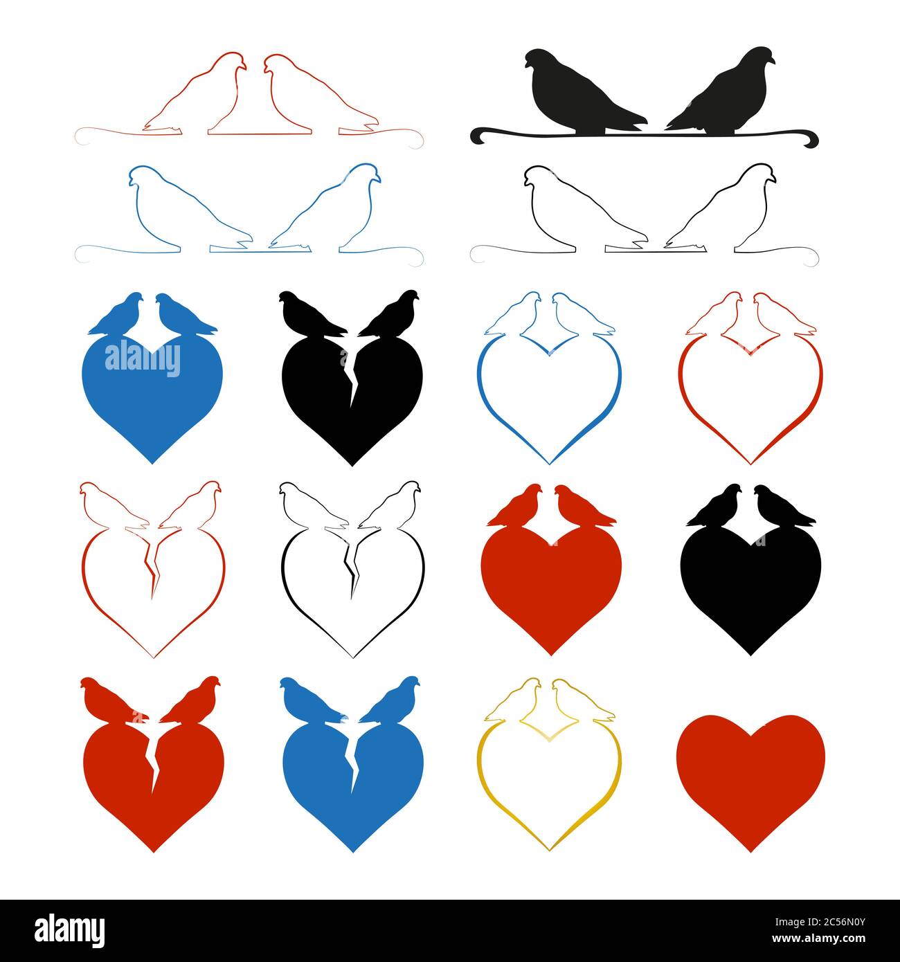 Ensemble de coeurs avec pigeons assis sur eux. Le concept d'un coeur brisé et d'un amour fort. Silhouettes de coeurs multicolores. Vecteur EPS 10. Illustration de Vecteur Ensemble de coeurs avec pigeons assis sur eux. Le concept d'un coeur brisé et d'un amour fort. Silhouettes de coeurs multicolores. Vecteur EPS 10. Illustration de Vecteur