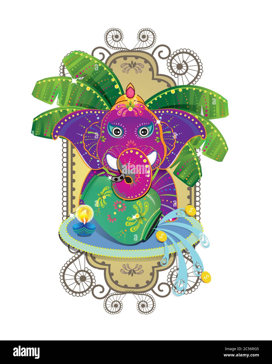 Vector Diwali/Deepavali Kolam, avec le caractère éléphant qui apporte la richesse et la bénédiction. Illustration de Vecteur