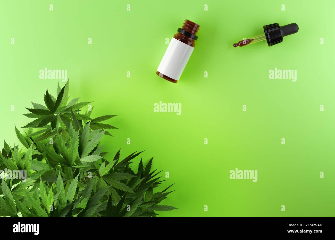 Feuilles de cannabis et bouteille d'huile de CBD sur fond vert. Rendu 3D Banque D'Images